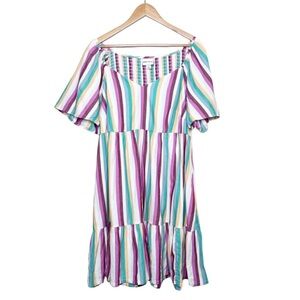 Ava & Viv Women’s Multicolor Striped Short Sleeve Ruffle Tiered Flowy Midi Dress